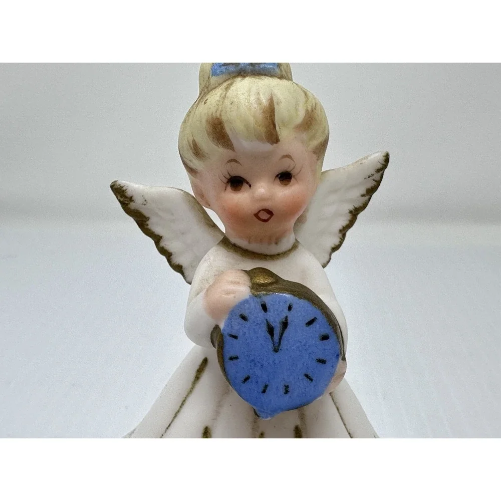Vintage Lefton February Angel Trinket Box 1950s/1960s Blue Clock Japan 3447
